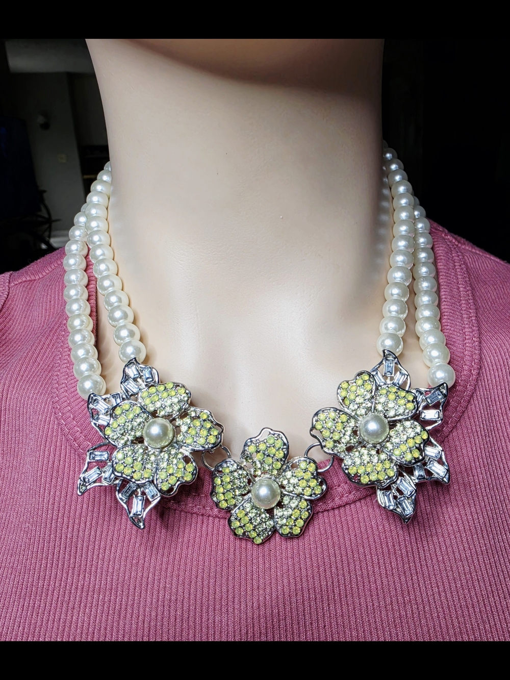 Pearl Floral Statement Necklace with Lime Crystal Flowers